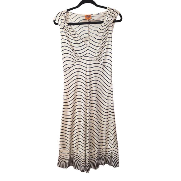 Tory Burch 100% Silk Cream Navy Stripe Signature Dress Small - Picture 1 of 13